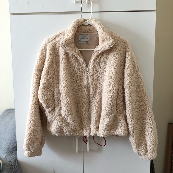 uo willow fuzzy drawstring teddy jacket blue